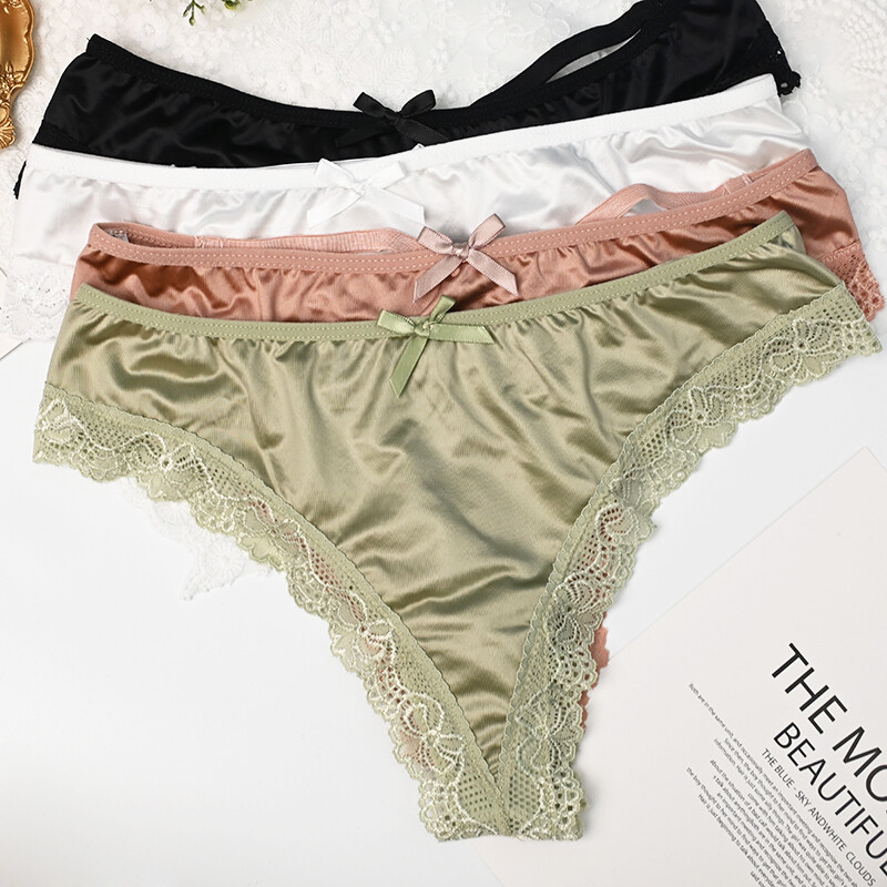 4pack Lot Sexy Ladies Womens Satin Panties Thongs Lace Trim Underwear Ling0