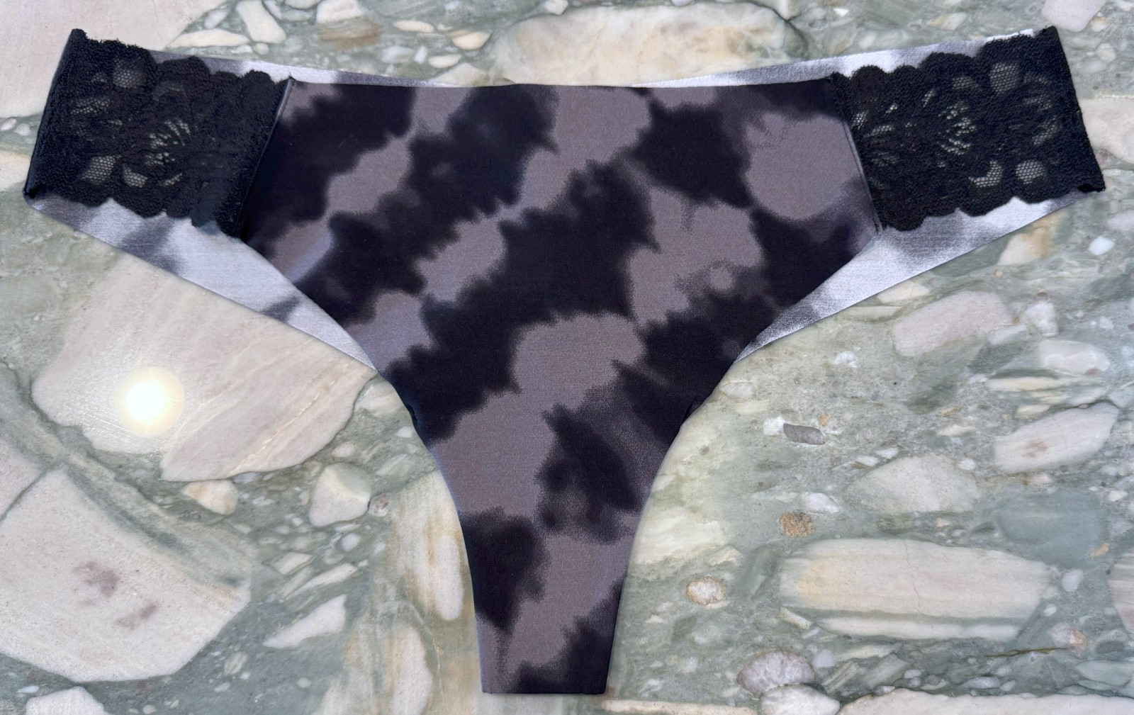 NEW Victoria Secret PINK No Show Thong Panty Lace Insets – Charcoal Tie Dye XXL
