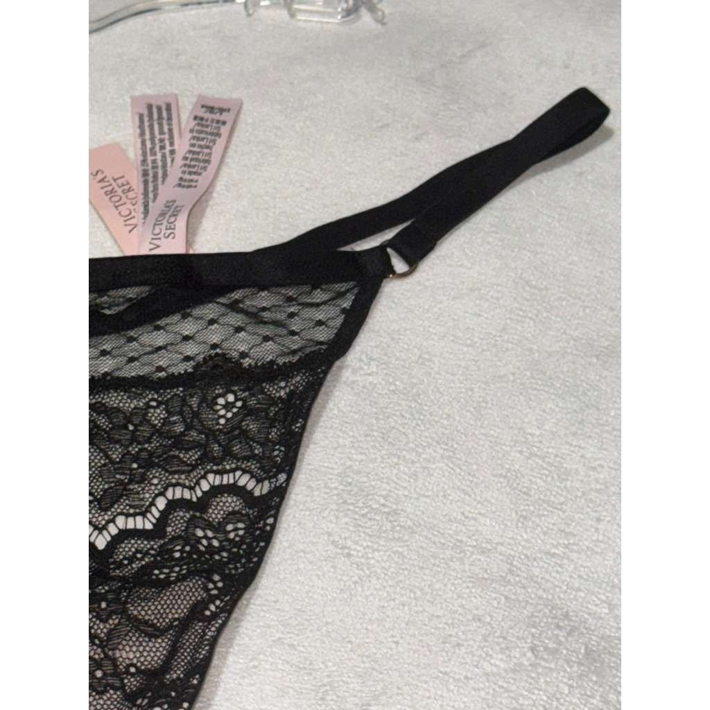 NWT Black Floral Lace & Mesh Thong Panty – Strappy Detail – Size L