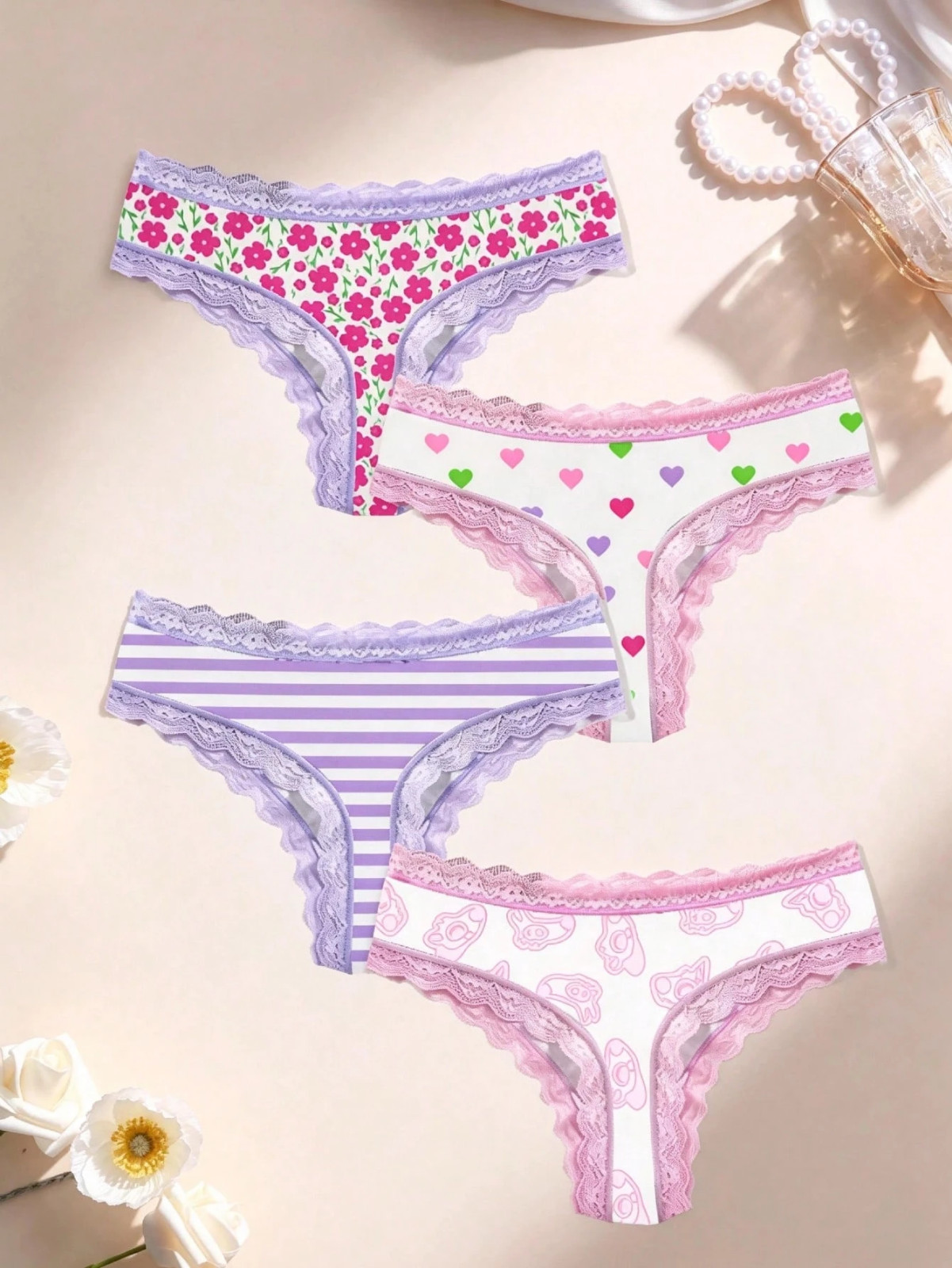 Women’s Polyester Kawaii Nature Pastel Deer Thong Cheeky Panties – Pack of 4