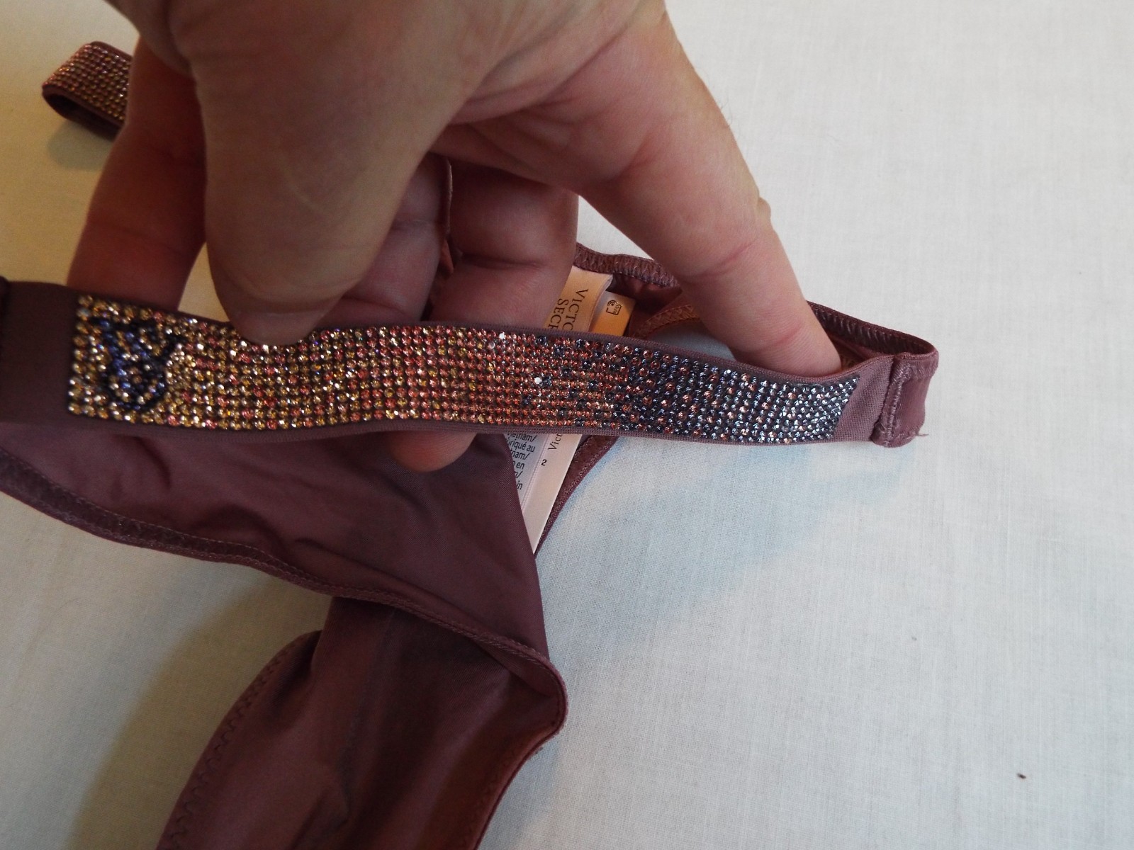 NWT Victorias Secret Sexy Shine Strap Smooth Thong rhinestone Purple Vapor L