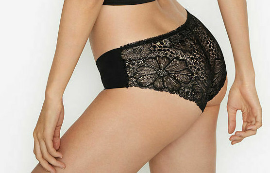 L NOIR Black Victorias Secret NoShow FULL Back Floral Lace Hiphugger Pantie