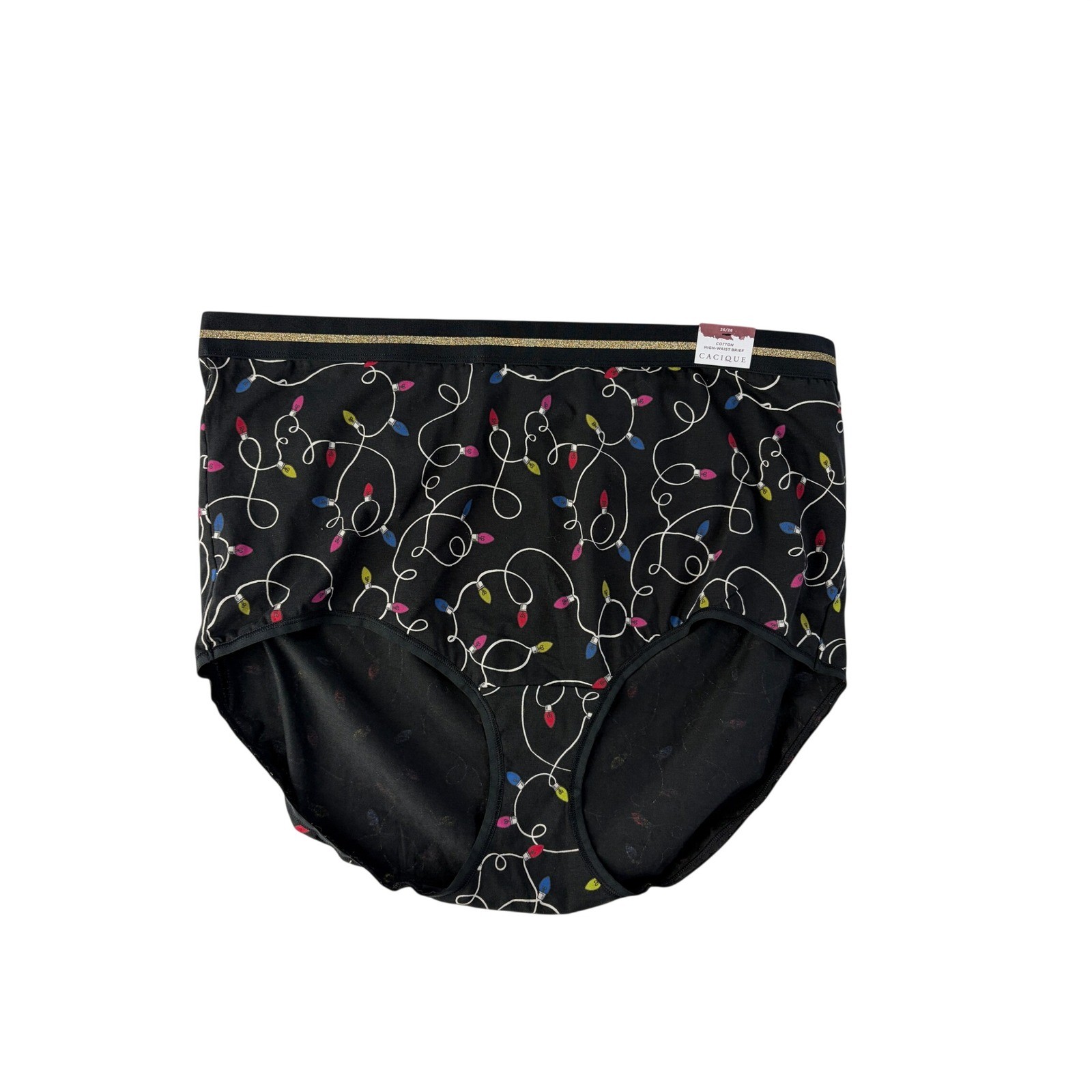 Cacique Panties Womens 26/28 Black Christmas Lights High Waist Brief Cotton NWT