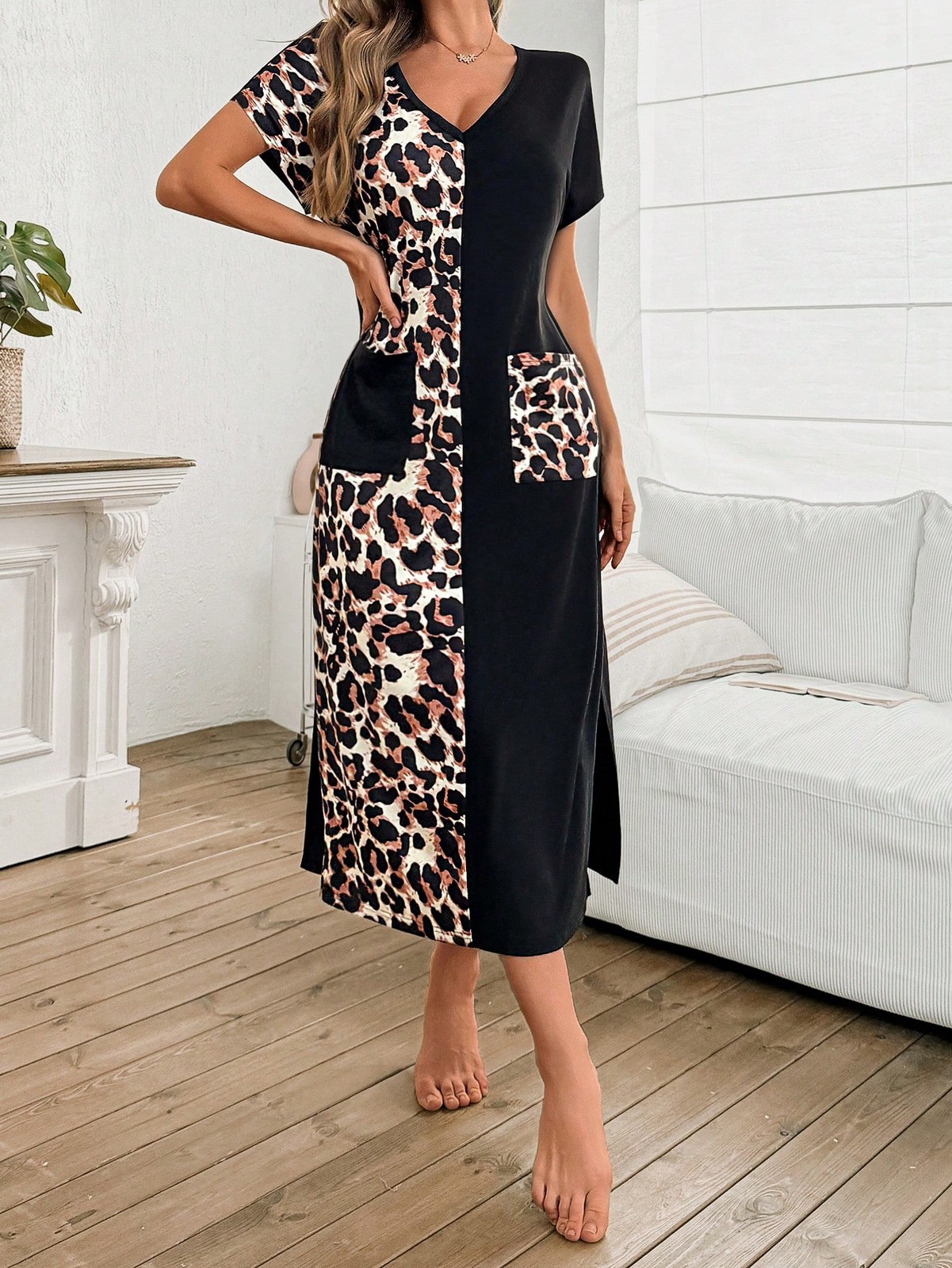 Ladies Casual Leopard Patchwork V Neck Midi T Shirt Dress For Cheap24