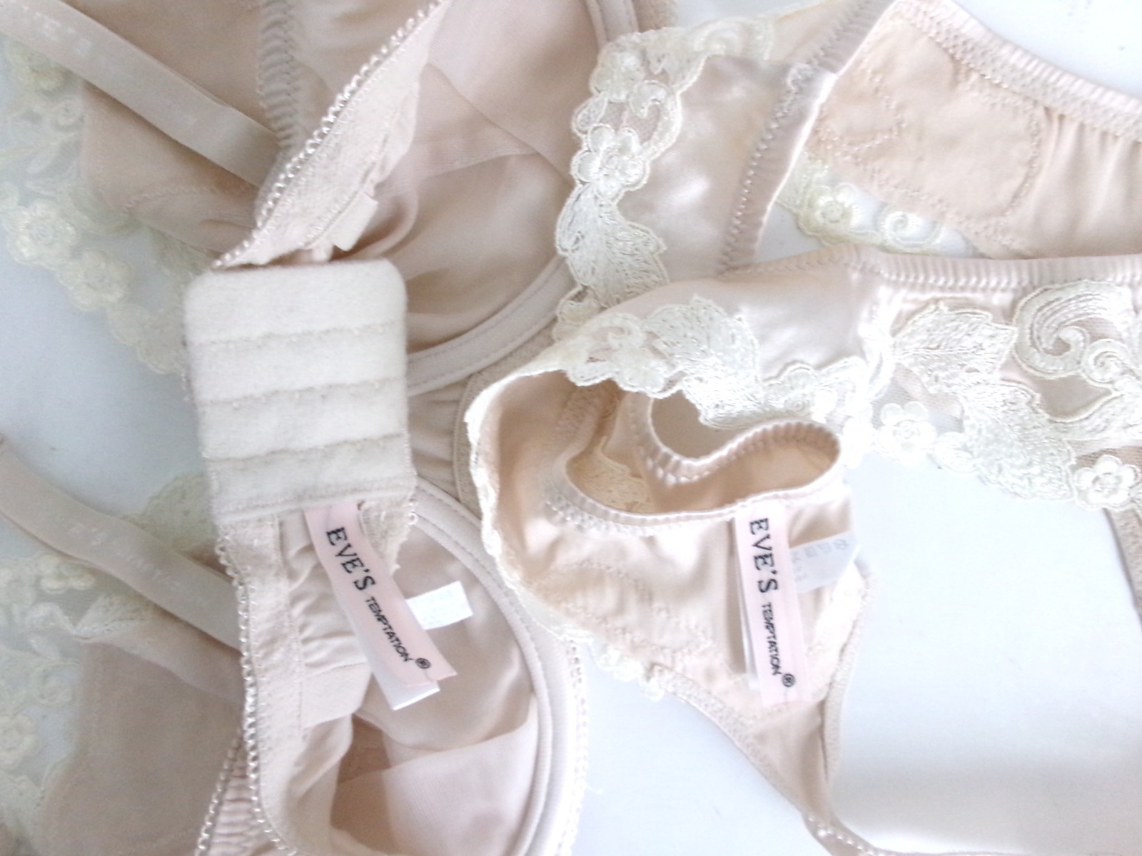 NWOT EVE’S TEMPTATION SILK UNDERWIRE FLORAL LACE BRA/PANTIES 2PC NUDE