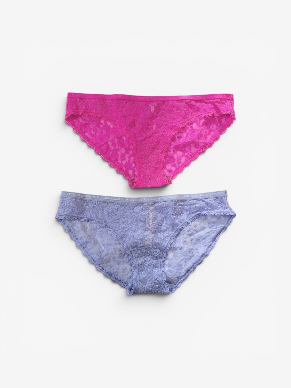 Victoria Secret Lace Bikini Panties 2 Pair size Large Periwinkle & Candy Pink