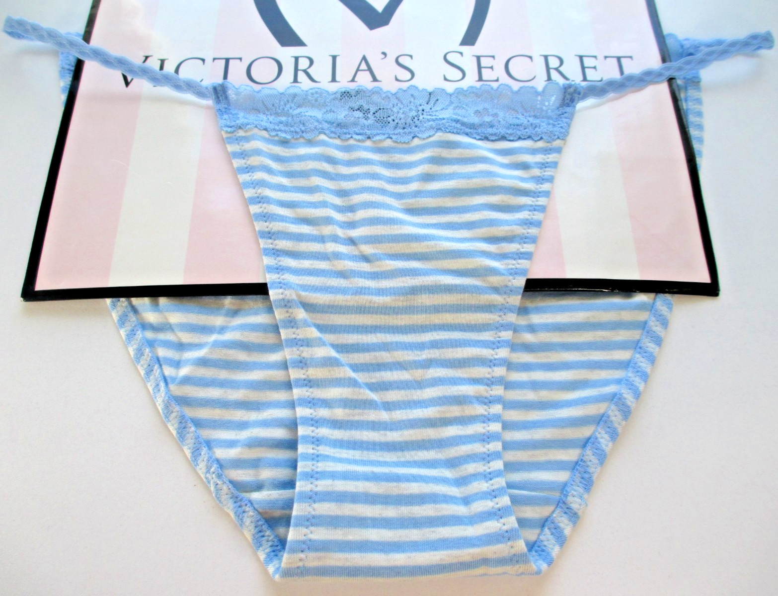 VICTORIA’S SECRET PINK Cotton String Bikini Panty M L XL Blue NWT Stripe VS Lace