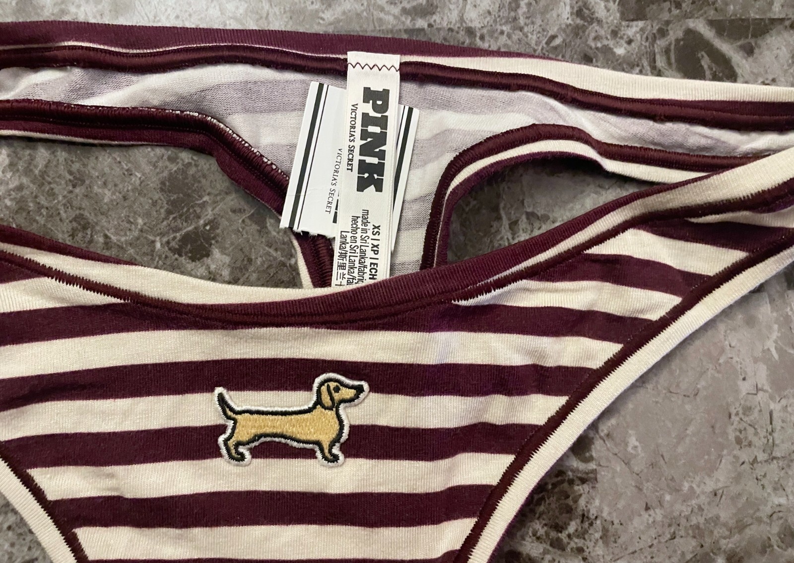 NWT VICTORIA’S SECRET PINK XS MAROON IVORY STRIPE DACHSHUND PATCH THONG PANTIES