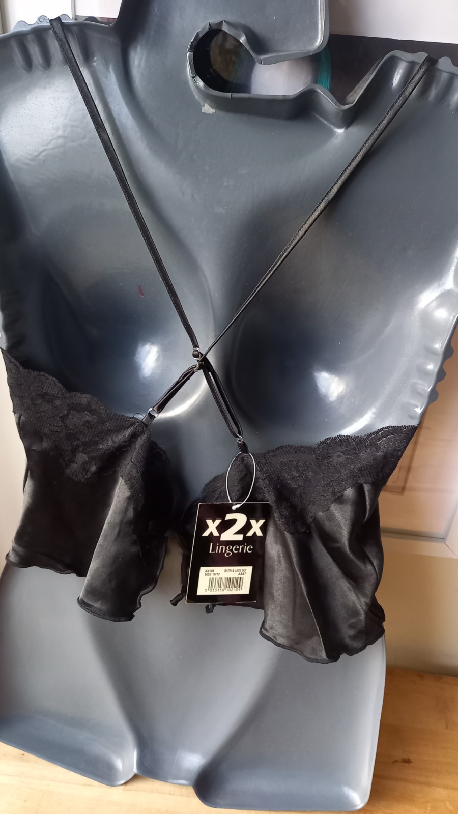 Black Satin Silk Like Camisole Front Tie Thin Straps Lingerie Cami size10-12 NEW