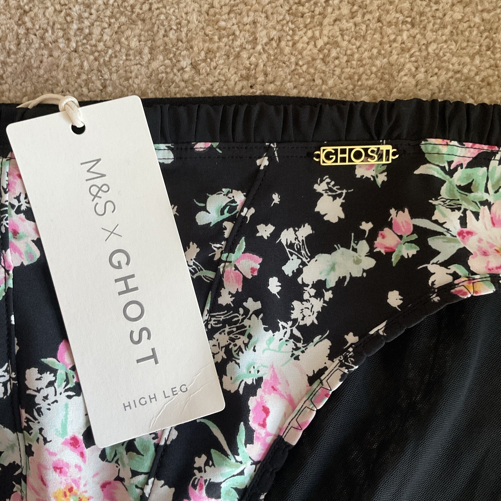 M&S Size 14 X Ghost Pretty High Leg Knickers Black Mix Pink Floral Soft