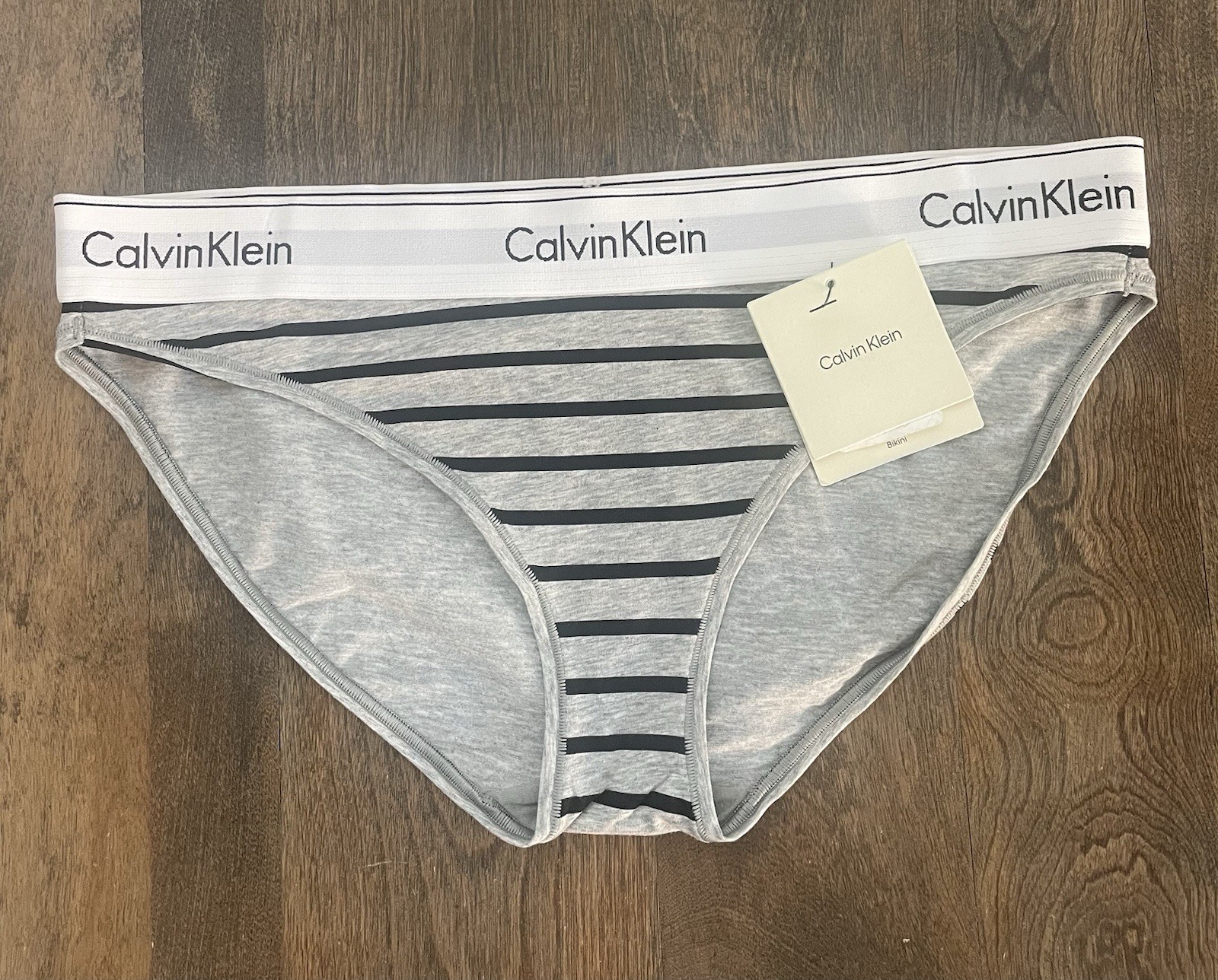NWT Calvin Klein F3787 Icon Cotton Modal Bikini, Gray Black Stripes Logo Large