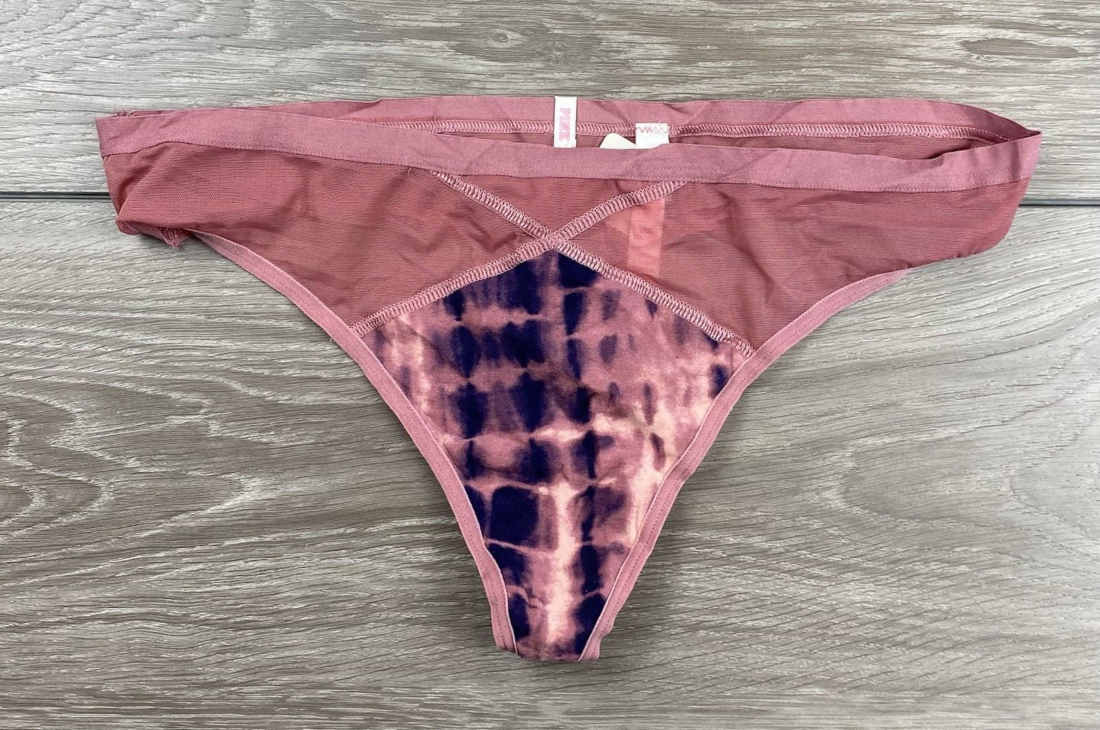 Victoria Secret Pink Mesh Sheer Tie Dye Panel Thong Panties Large New