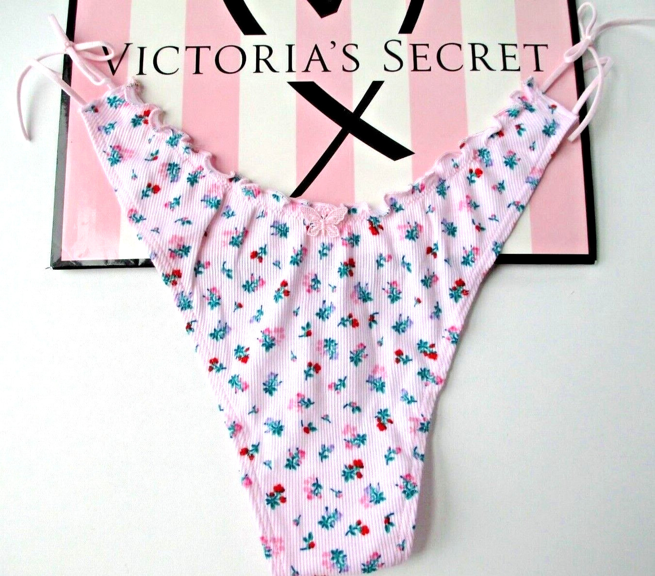 VICTORIA’S SECRET PINK High Leg Cotton Thong Panty M Ruffle NWT Tie Bow Floral
