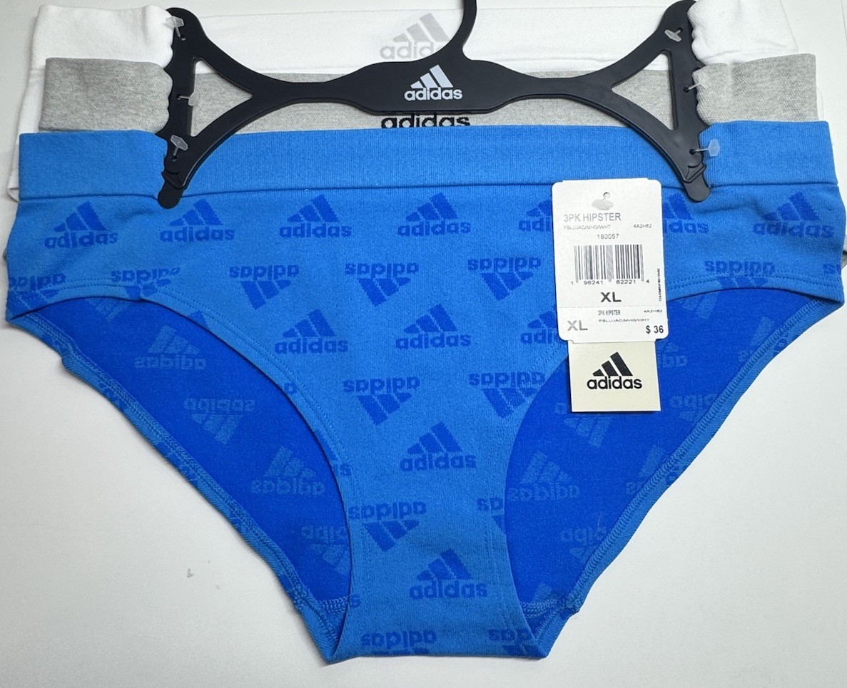 ADIDAS Women’s Size XL Hipster 3-Pack Panties Underwear LOGO Blue Gray White