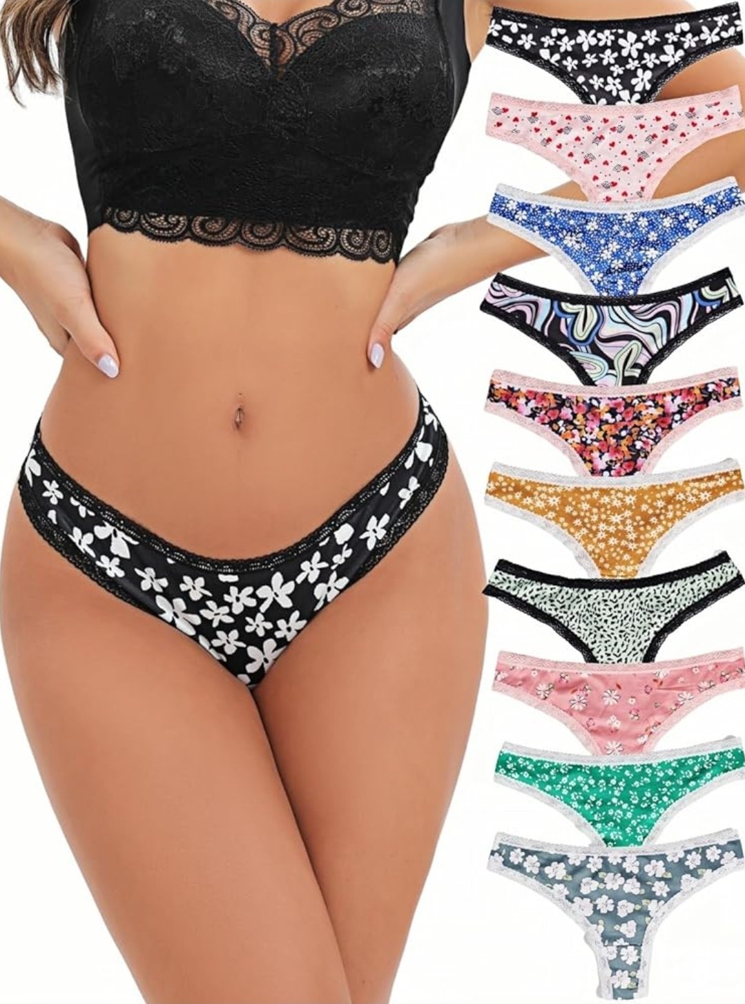 10-Pack Women Sexy Coquette Contrast Lace Trims Floral Print Thongs Underwear