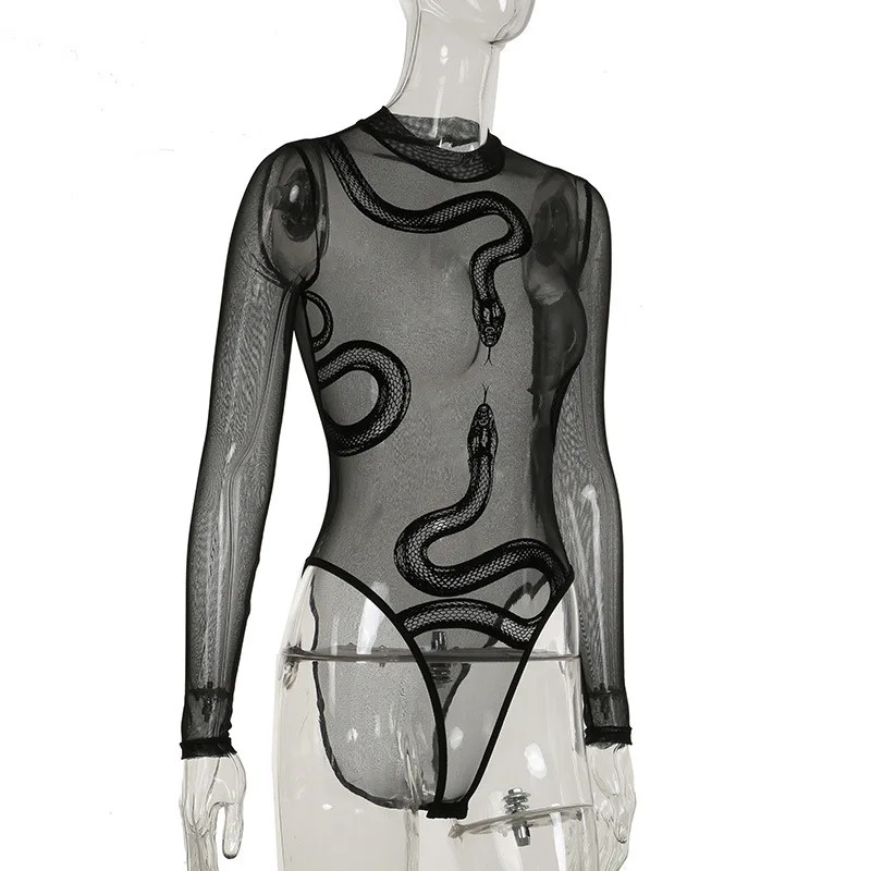 New spicy girl snake print perspective sexy splicing round neck mesh bodysuits