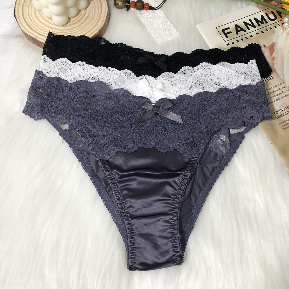 5 Pairs/Lot Womens Satin Panties Briefs French Lace Waist String Bikinis Thongs