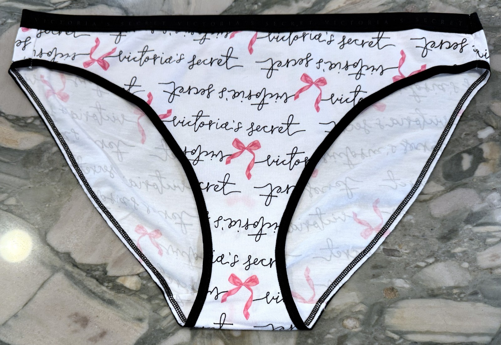 NEW Victoria Secret Cotton Bikini Panty – White Logo Script & Pink Bows – XXL