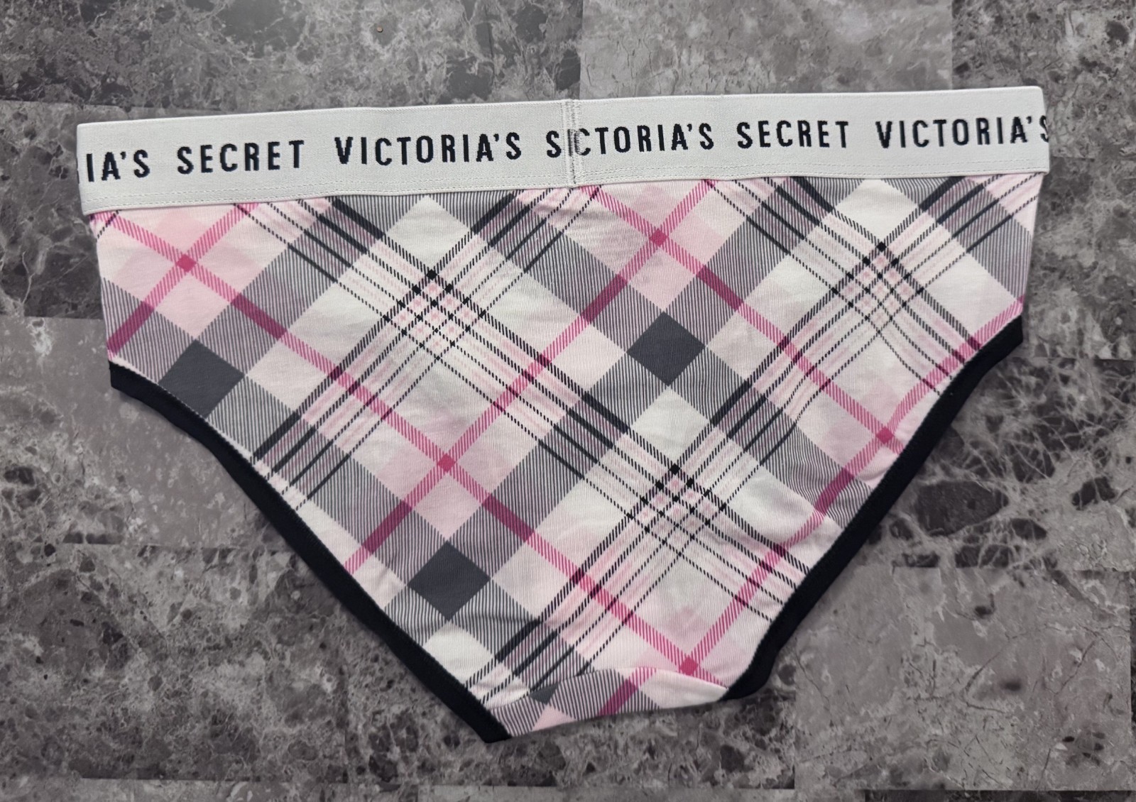 NWT VICTORIA’S SECRET S PINK GRAY PLAID THICK LOGO BAND RARE HIPHUGGER PANTIES