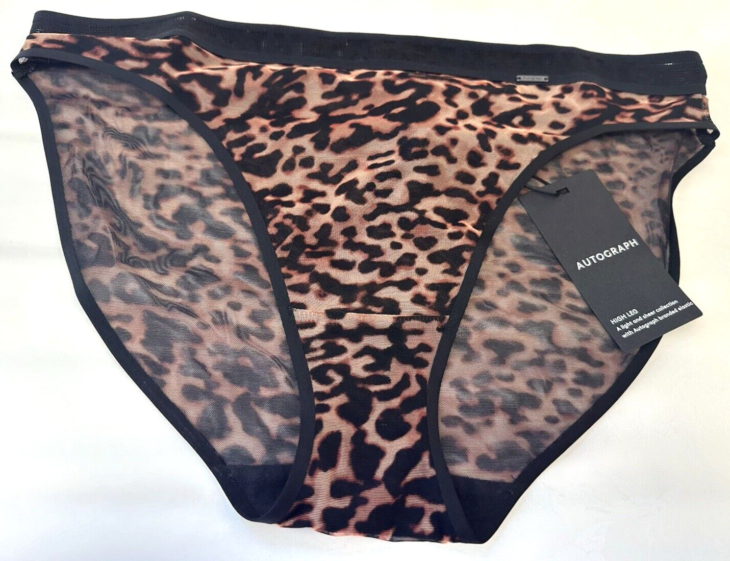 NEW! M&S Autograph black/brown animal sheer high leg branded elastic knickers