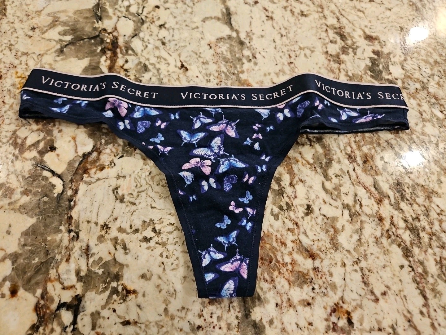 NWT Victoria’s Secret Black & Pink Butterfly Thick Waistband Thong Panties Large
