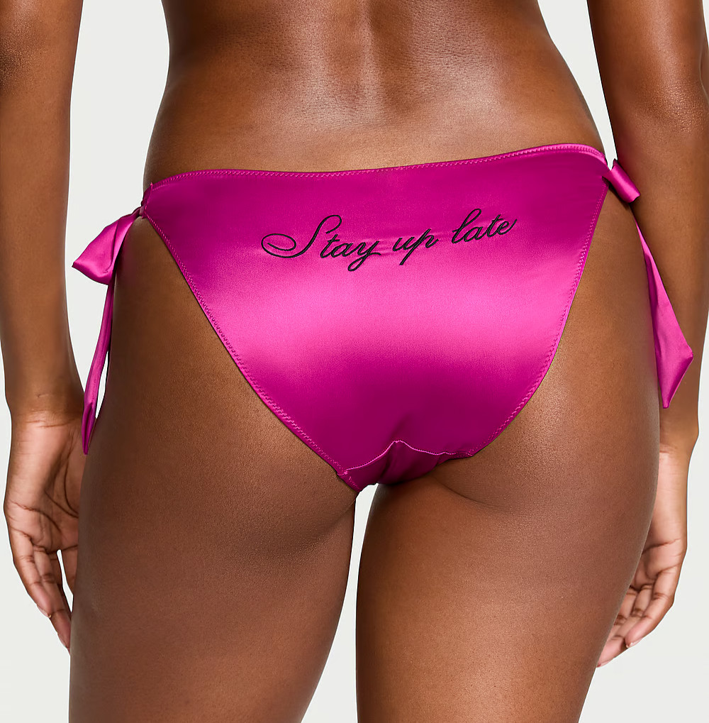 VICTORIA’S SECRET EMDROIDERY SIDE TIE SATIN CHEEKY PANTY MEDIUM PINK FUCHSIA NWT