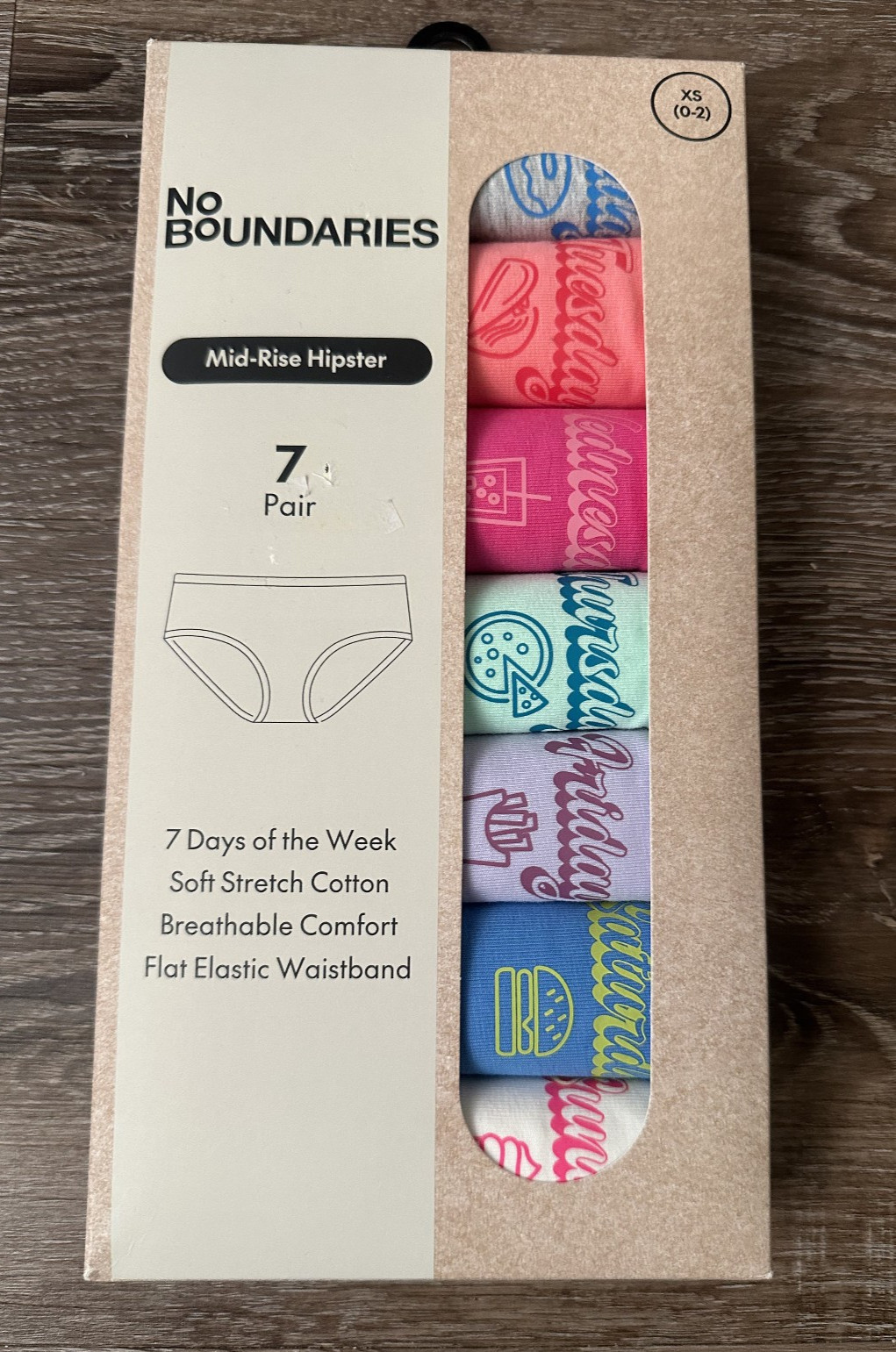 7 Pair No Boundaries Mid-Rise Hipster Panties Underwear Days of the Week XS 0-2