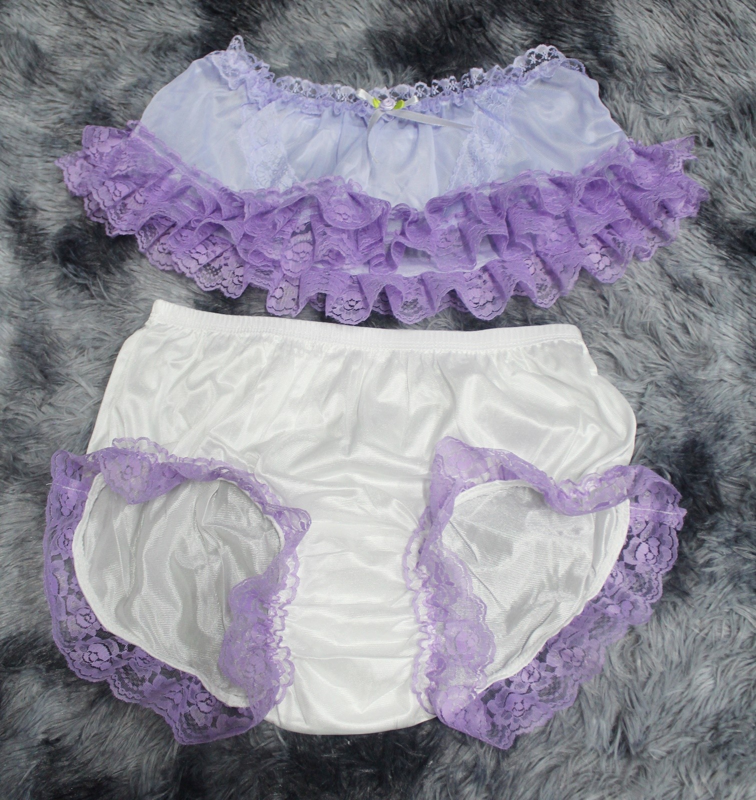#A328 2XL/ElasticW.24-42″ VintageStyle 2PCS Purple Nylon Half Slip + White Brief
