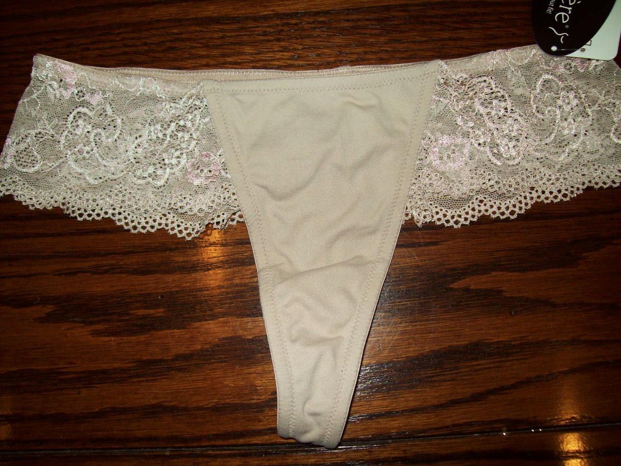 NWT LE MYSTERE ELYSEE w 2 TONE LACE TANGA THONG PANTIES ALMOND/PINK 337 S