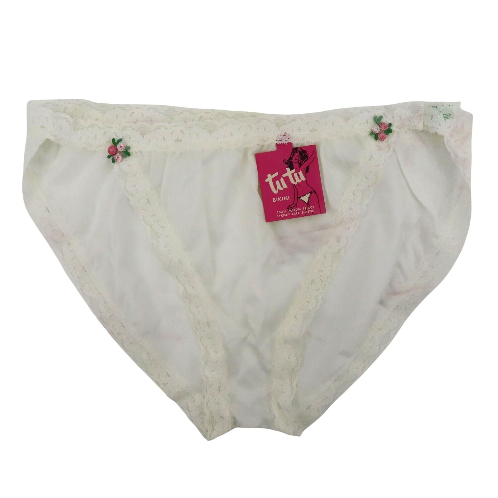 VTG Tutu Bikini Women 7 Panty White Pink Rosette Rose Lace Trim NEW Dye Transfer