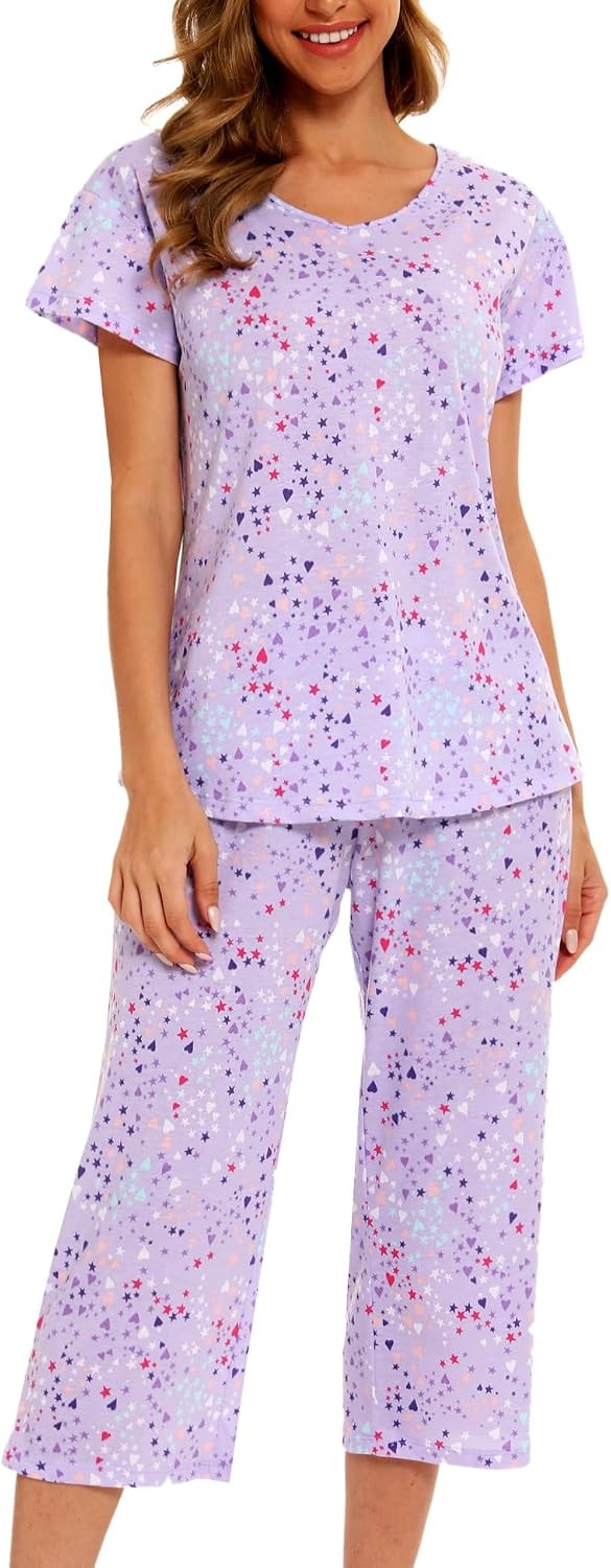 ENJOYNIGHT Womens Pajama Sets Cotton Summer Pjs Tops with Capri Pants Sleepwear