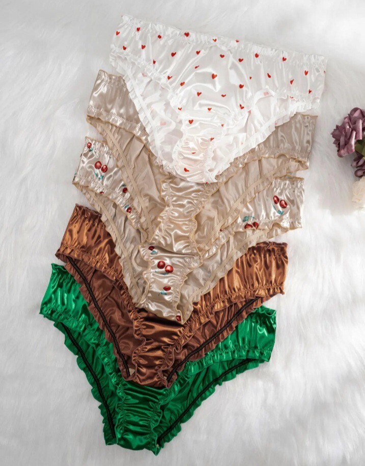 Plus size silky panties satin knickers full bum cover frill trim bow decor