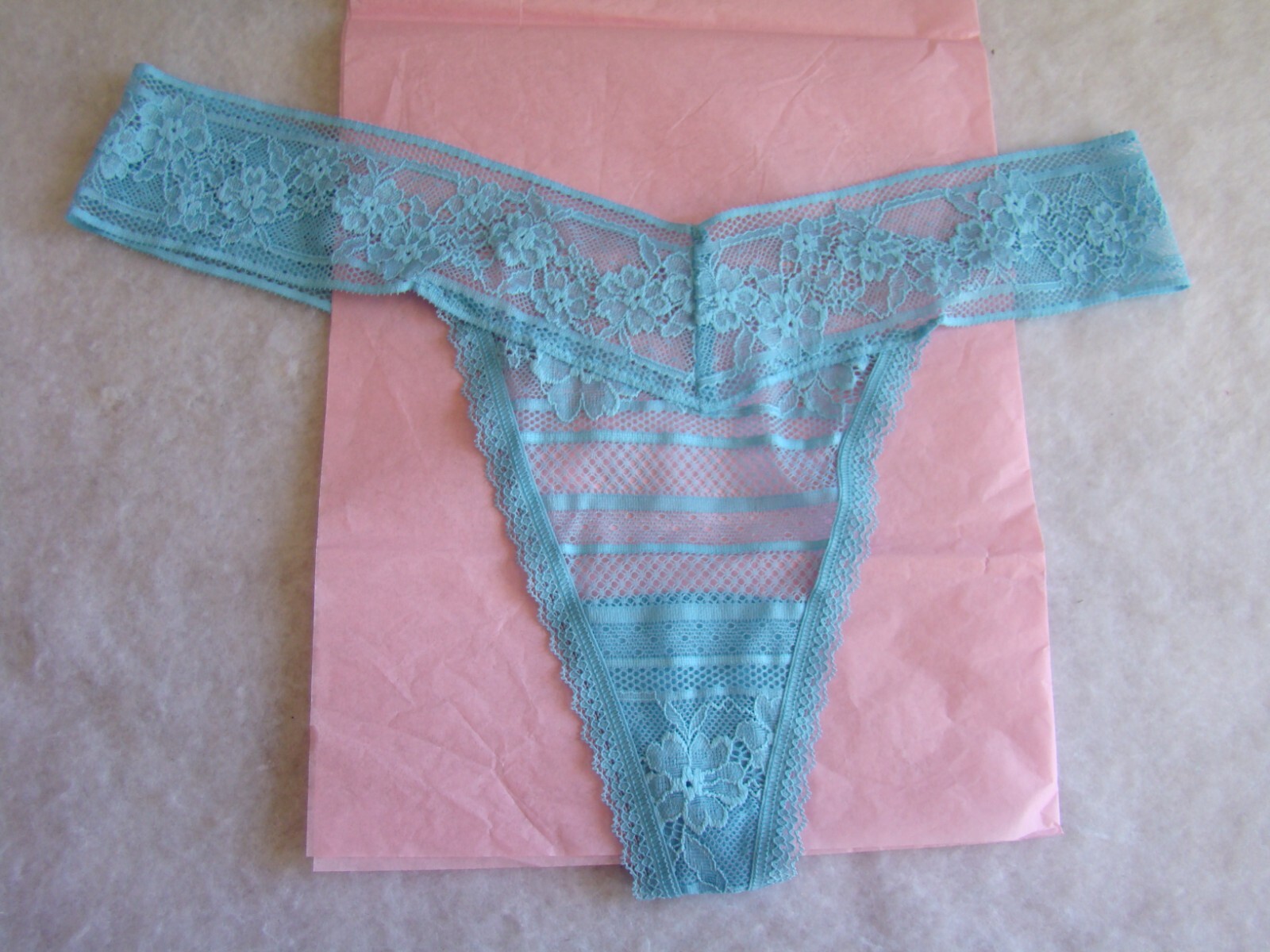 New VICTORIA’S SECRET Teal Blue Lacey Wide Floral Lace Thong String Panties
