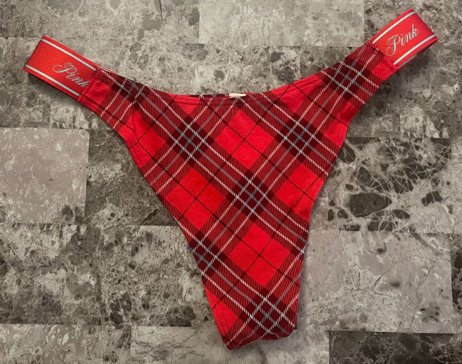 NWT VICTORIA’S SECRET PINK RED AQUA PLAID THICK LOGO SIDE STRAP THONG PANTIES