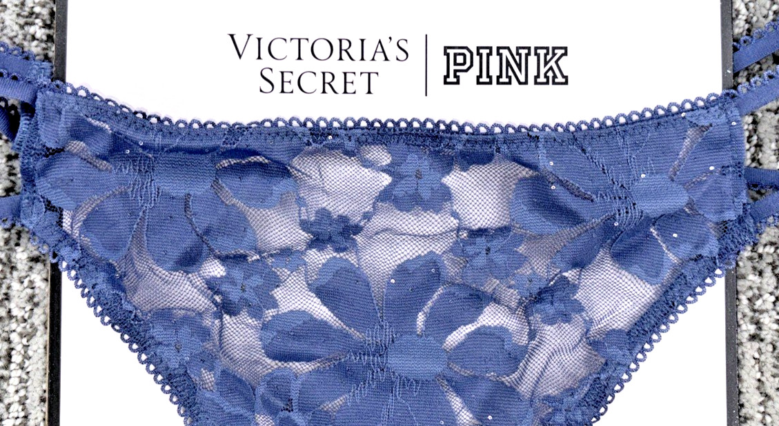 Victoria’s Secret PINK NWT Large Blue Sequin Strappy Lace Thong Panty Sexy Wink
