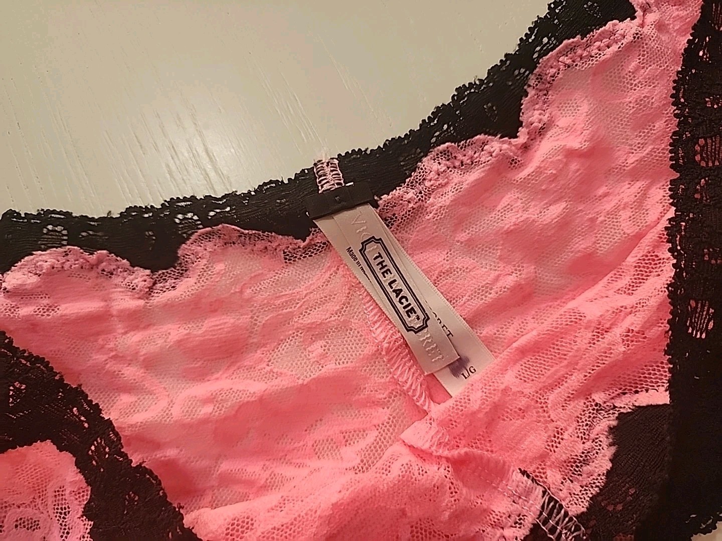 Vtg Victoria’s Secret Sz L The Lacey Pink Black Bikini Sheer Lace Mesh Neon Y2K