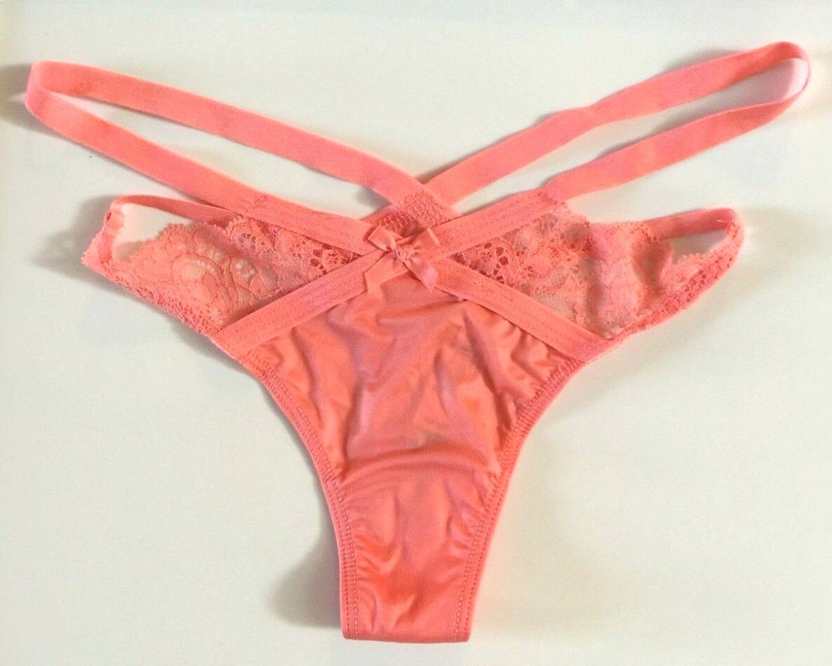 Victorias Secret Very Sexy Coral Thongs Size XS Strappy Split Waist Mesh Lace
