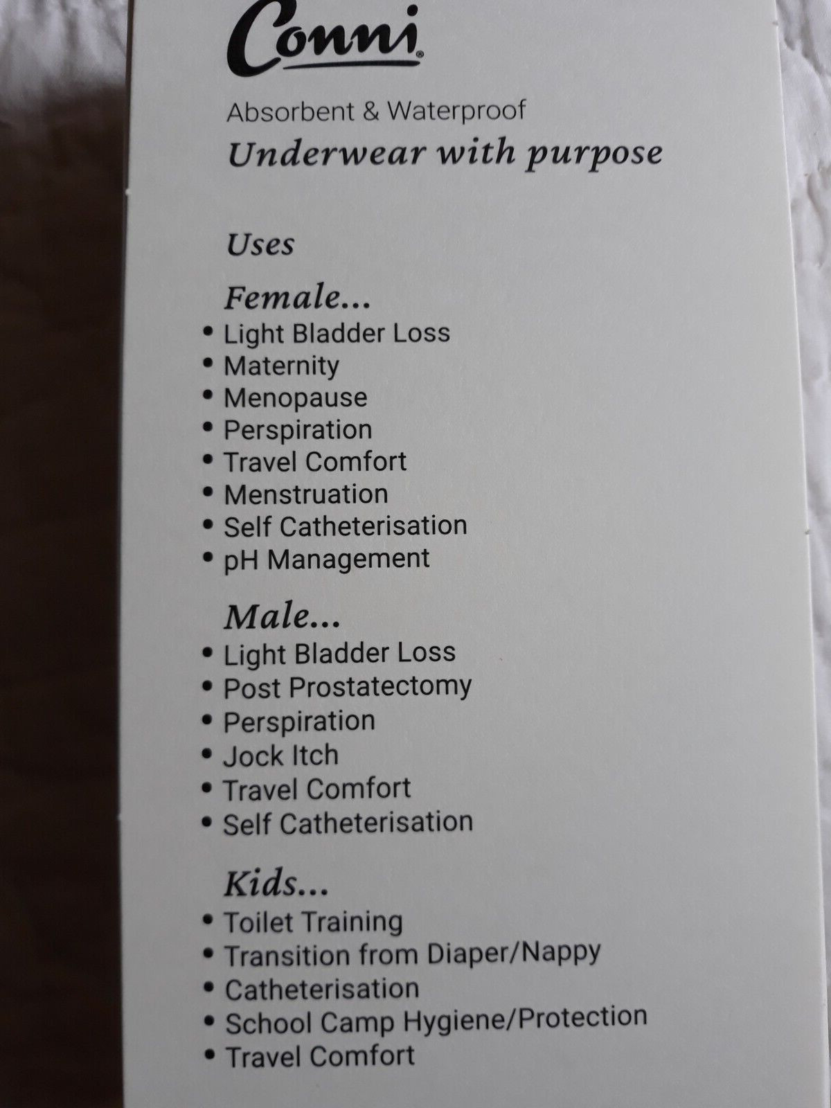 Conni Underwear With Purpose Waterproof Black Women’s Sz16 Waist 38″ NEW #7