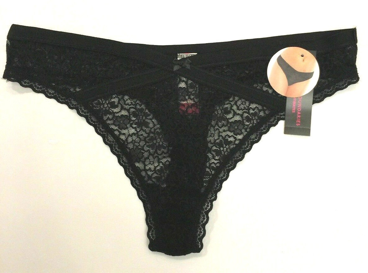 Womens Black Sexy Lace Thong Panties Size L-XL Strappy Mock Split Waist Sheer