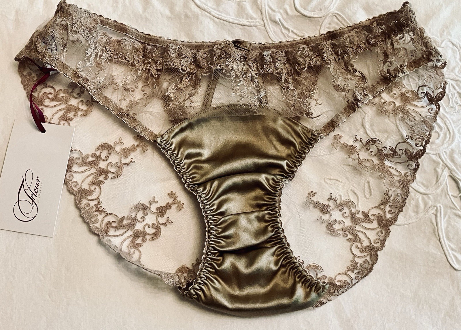 *PRICE DROP* BNWT Fleur of England RARE Champagne Ouvert Brief Silk w/Embroidery