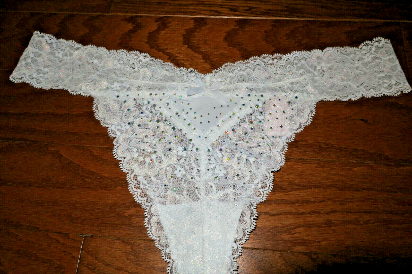 L ❤VINTAGE ❤ VICTORIA’S SECRET LACE PANTIES THONG STRING SEXY RHINESTONES BRIDAL