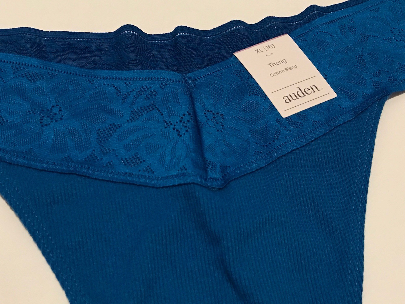 Set of 6 AUDEN Cotton Blend Ribbed Thongs XL 16, Lace, Teal Blue