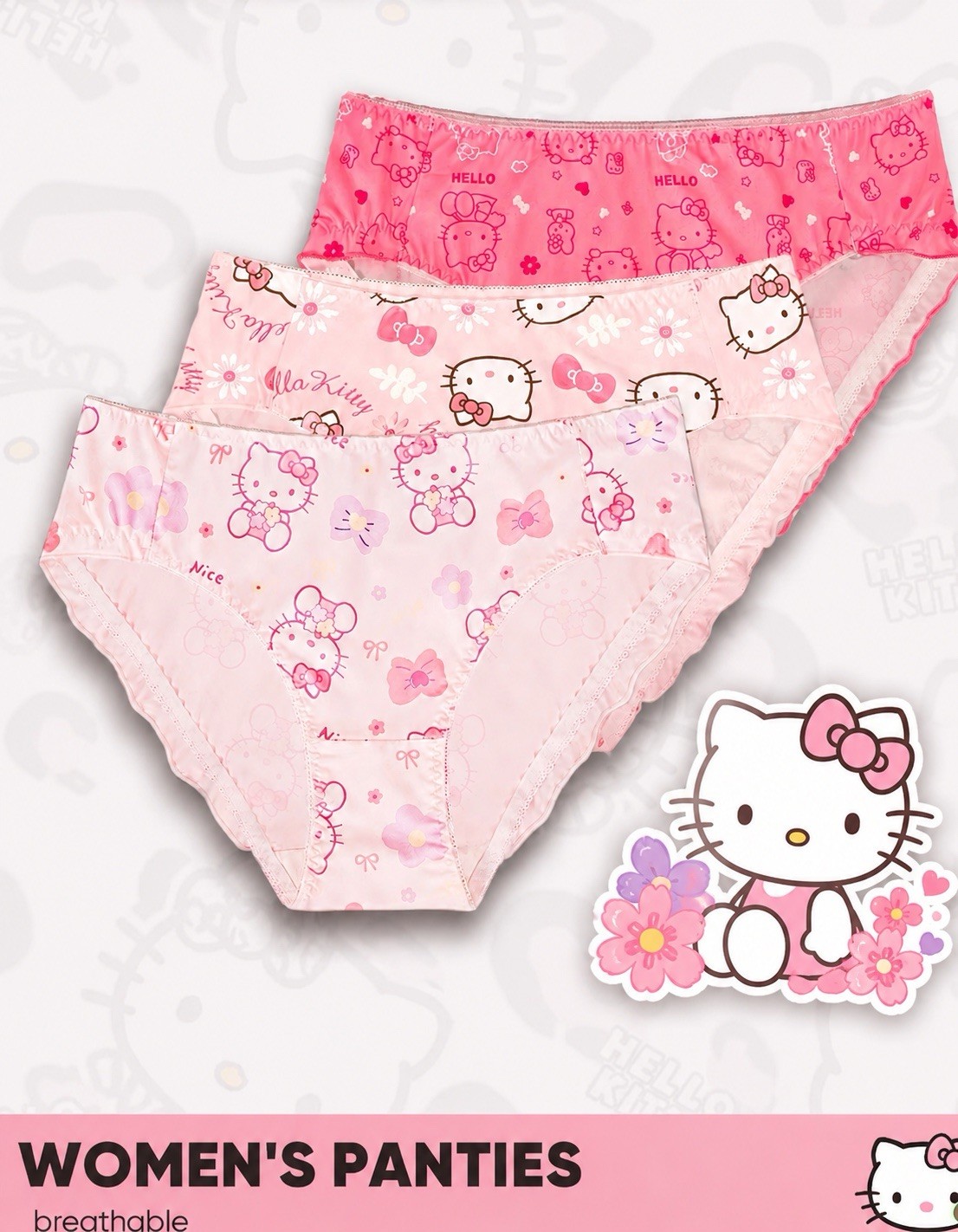 Women’s Teens Hello Kitty Cartoon Kawaii Briefs Stretch Fuchsia Pink White 3pk L