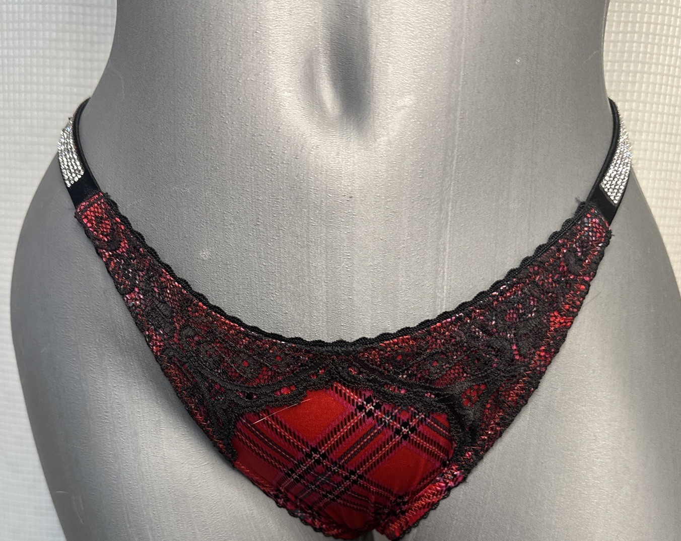 NEW Victoria’s Secret Very Sexy Lace Thong Shine Strap Lacy Plaid Red S/P