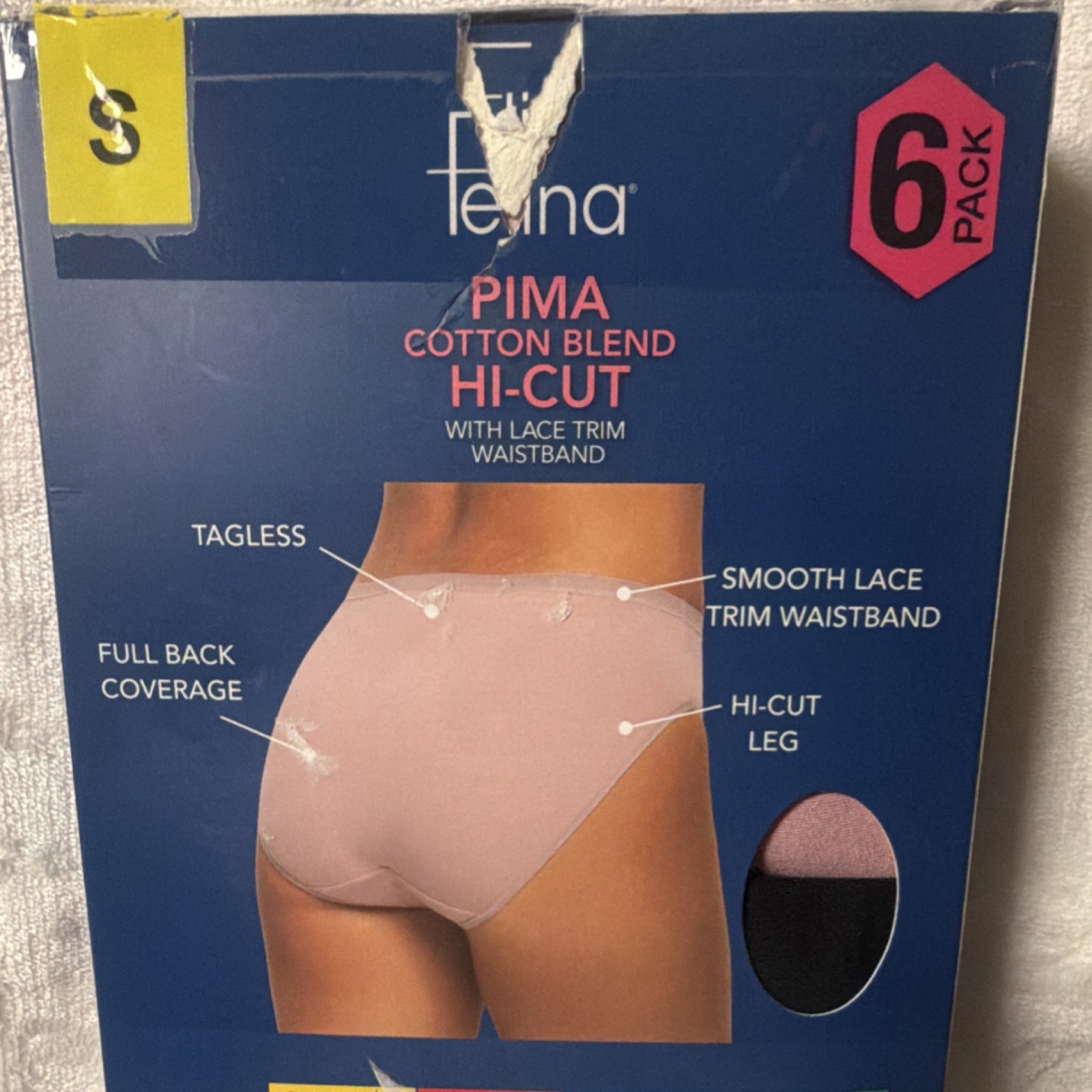 Felina Pima Cotton Blend Hi-Cut Panties 6 Pack S Lace Trim Waistband