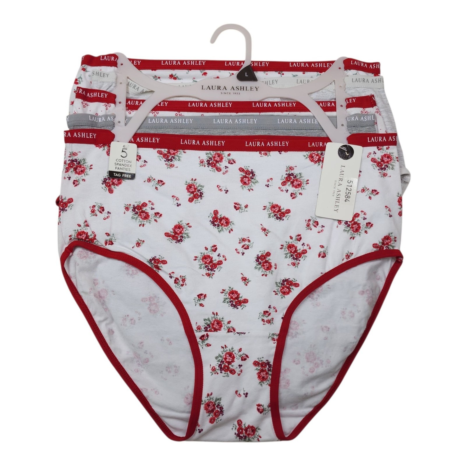 Laura Ashley Womens 5-Pk Cotton Spandex Floral Panties Large Tag-Free Red White