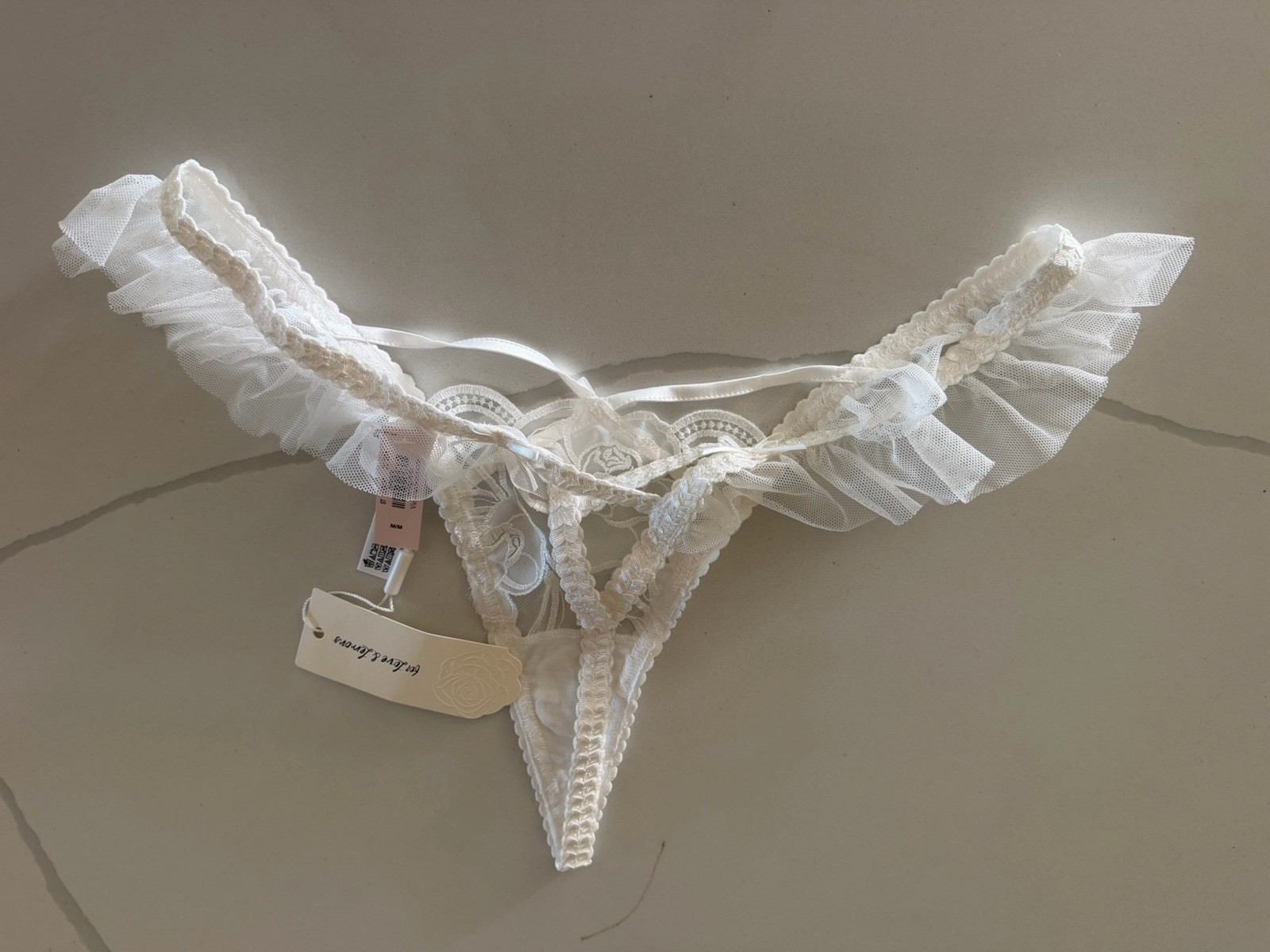 FOR LOVE & LEMONS Blooms Thong Panty Floral Embroidered White Mesh Medium NWT