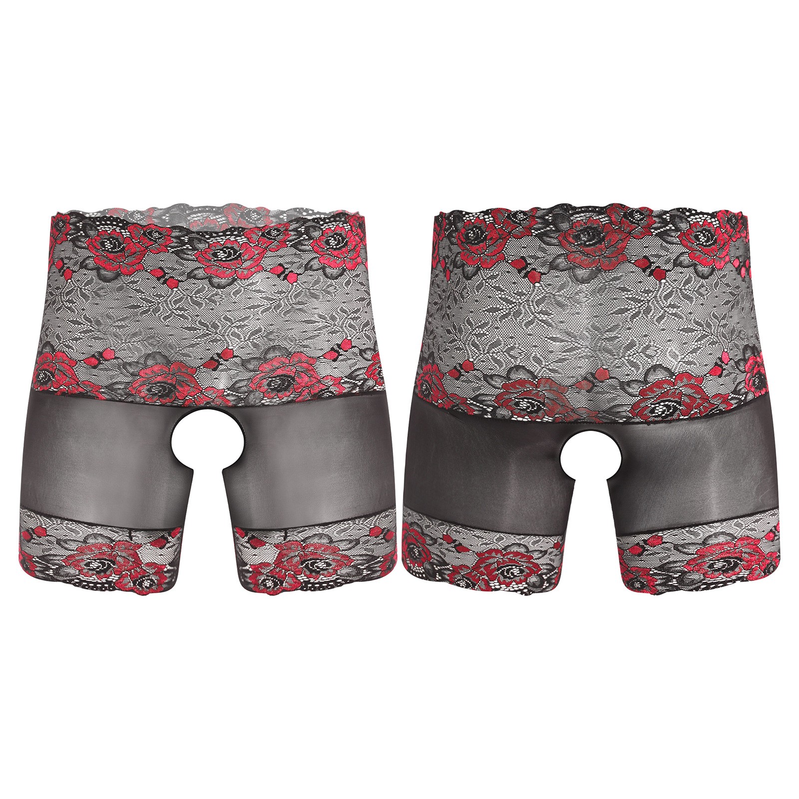Mens Glossy Sheer Boxer Shorts or Sheath with Opening Floral Lace Trim Underwear