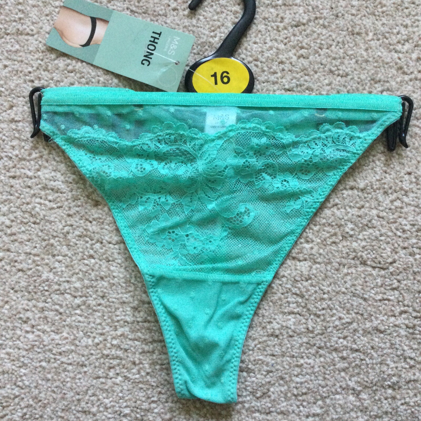 M&S Size 16 Ladies Lace Mesh Thong Knickers Light Jade Green Gold Ring Detail