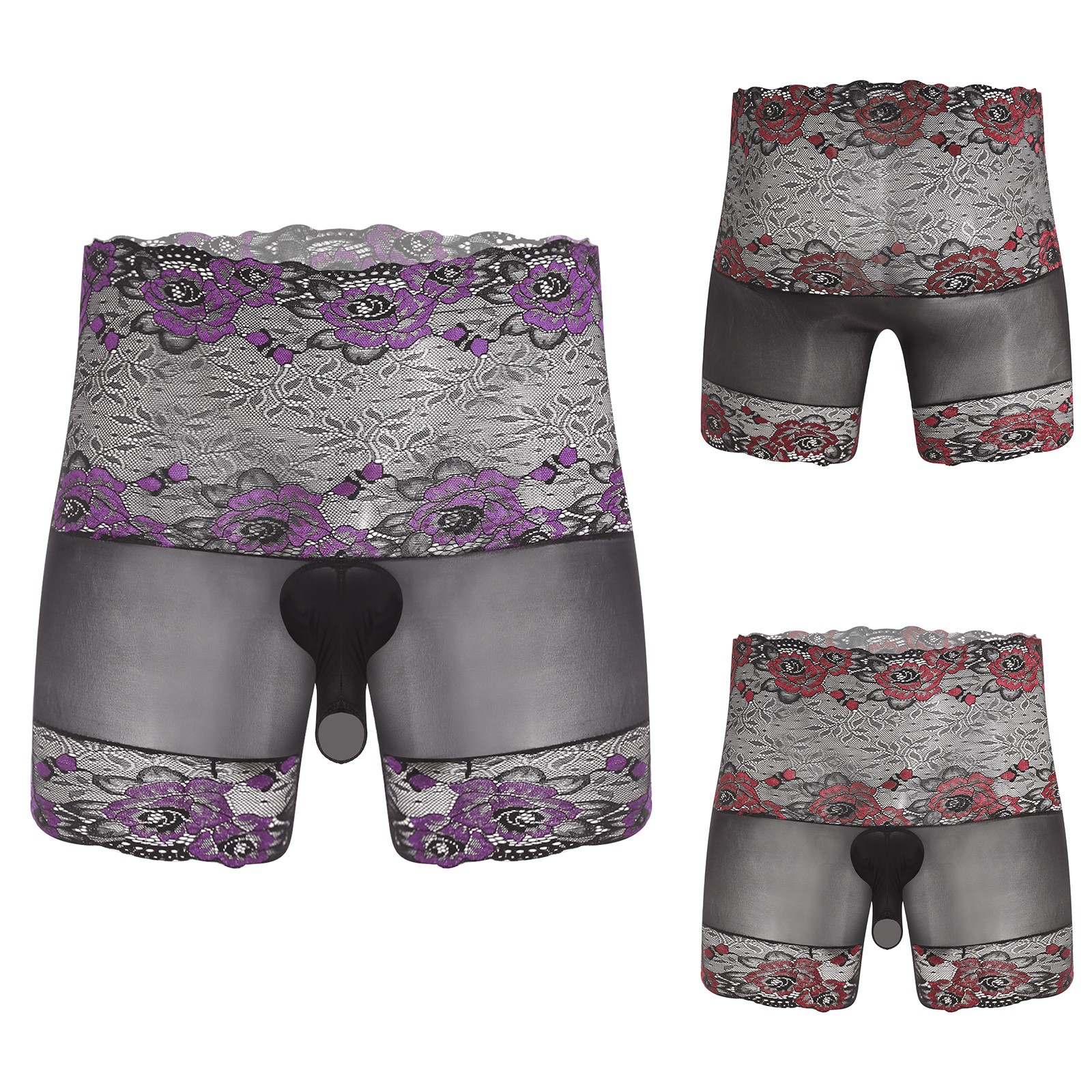 Mens Glossy Sheer Boxer Shorts or Sheath with Opening Floral Lace Trim Underwear